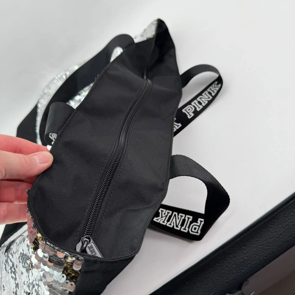 NWOT PINK By Victoria Secret Sequin Tote Bag Silver‎ Black Spellout straps - Picture 6 of 15